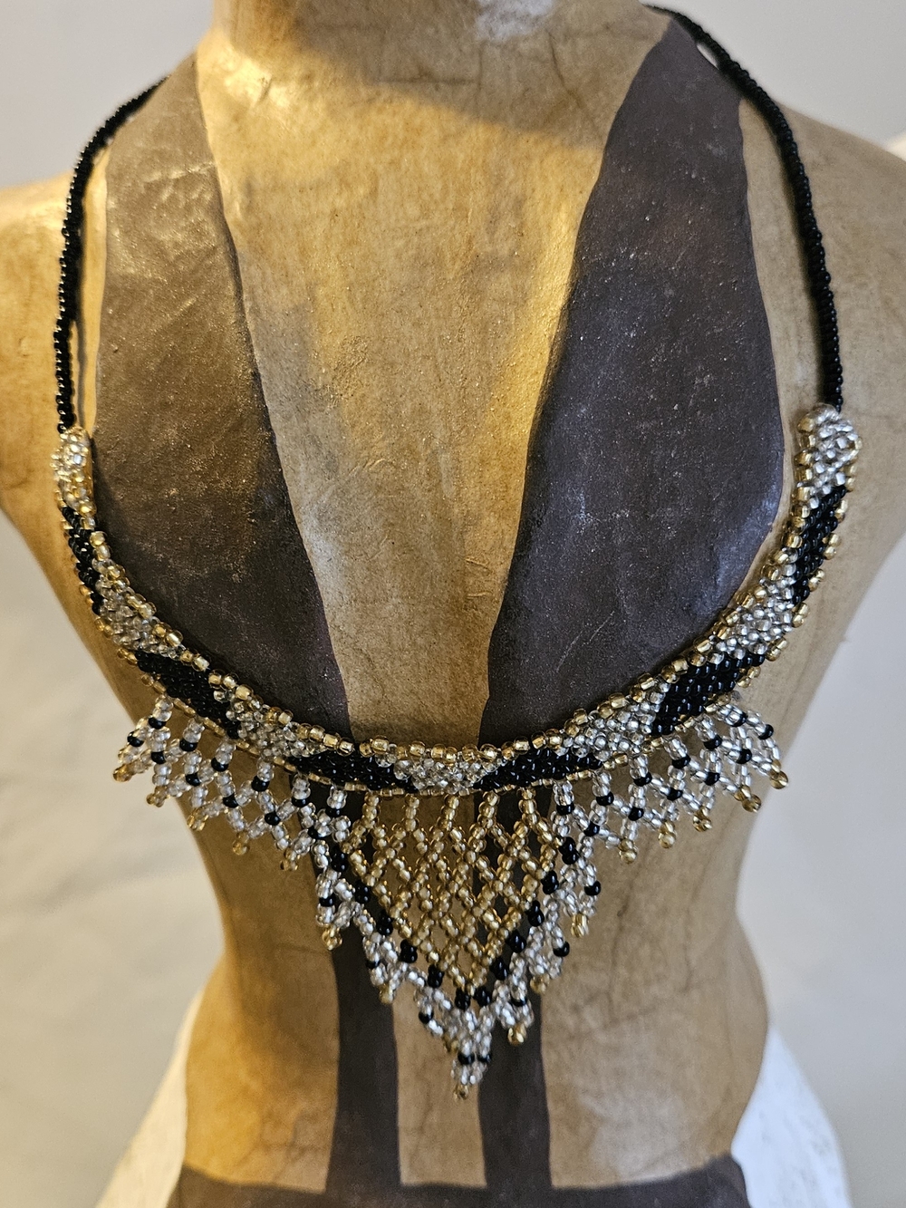 Black and Gold Beaded Fringe Statement Necklace